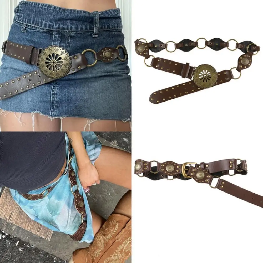 

Round Disc Belts Vintage Retro Y2K PU Belts Western Style Exaggerated Hollow Belt Women
