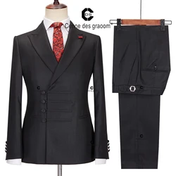 Cenne des Graoom-Conjunto de ternos pretos elegantes para homens, lapela Peak, Slim Fit, 4 botões, botão Knot chinês, Wedding Groomsmen Party Show