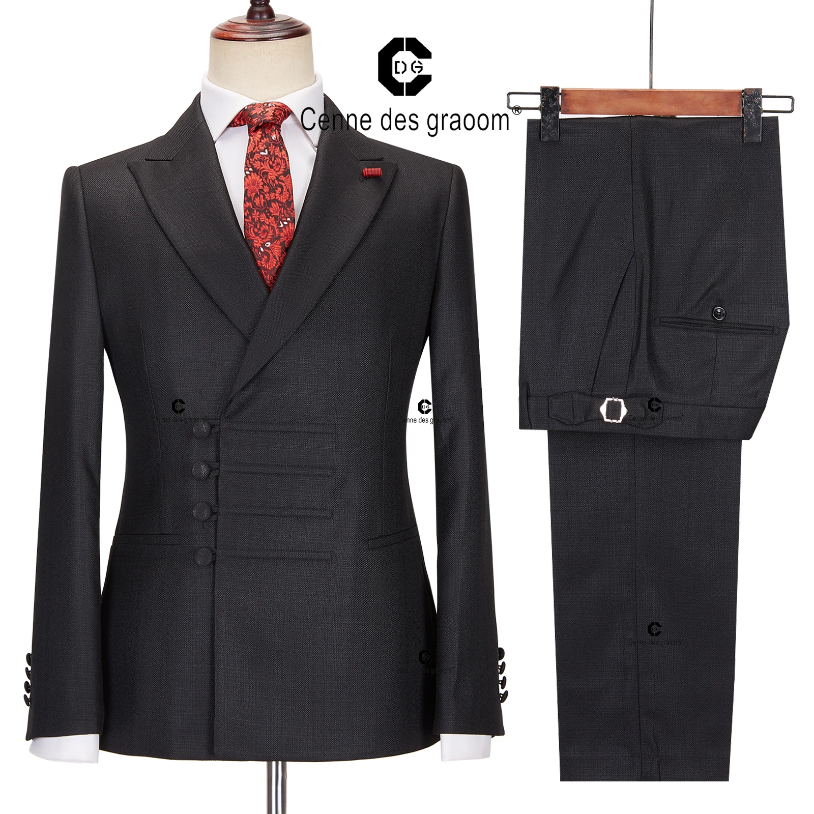 Cenne Des Graoom Elegant Black Suits Set for Men Chinese Knot Button Peak Lapel Slim Fit 4 Buttons Wedding Groomsmen Party Show