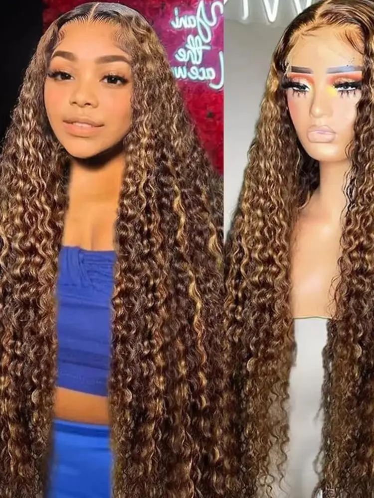 250% Dichte 13x4 Ombre Blonde Lace-Front-Perücke 4/27 Highlight Jerry Curly Lace-Front-Perücken aus Echthaar, vorgezupft mit Babyhaar, tief gelockte, kleberlose Perücken für Frauen, 24 Zoll