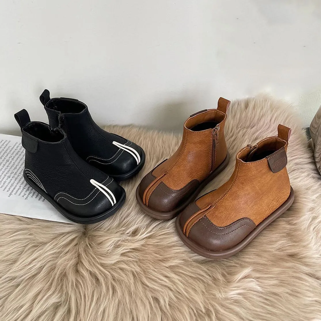 

Детские кожаные ботинки, осень-зима 2024, новые детские ботильоны для девочек, лоскутные цветные коричневые, черные короткие ботинки для мальчиков с боковой молнией