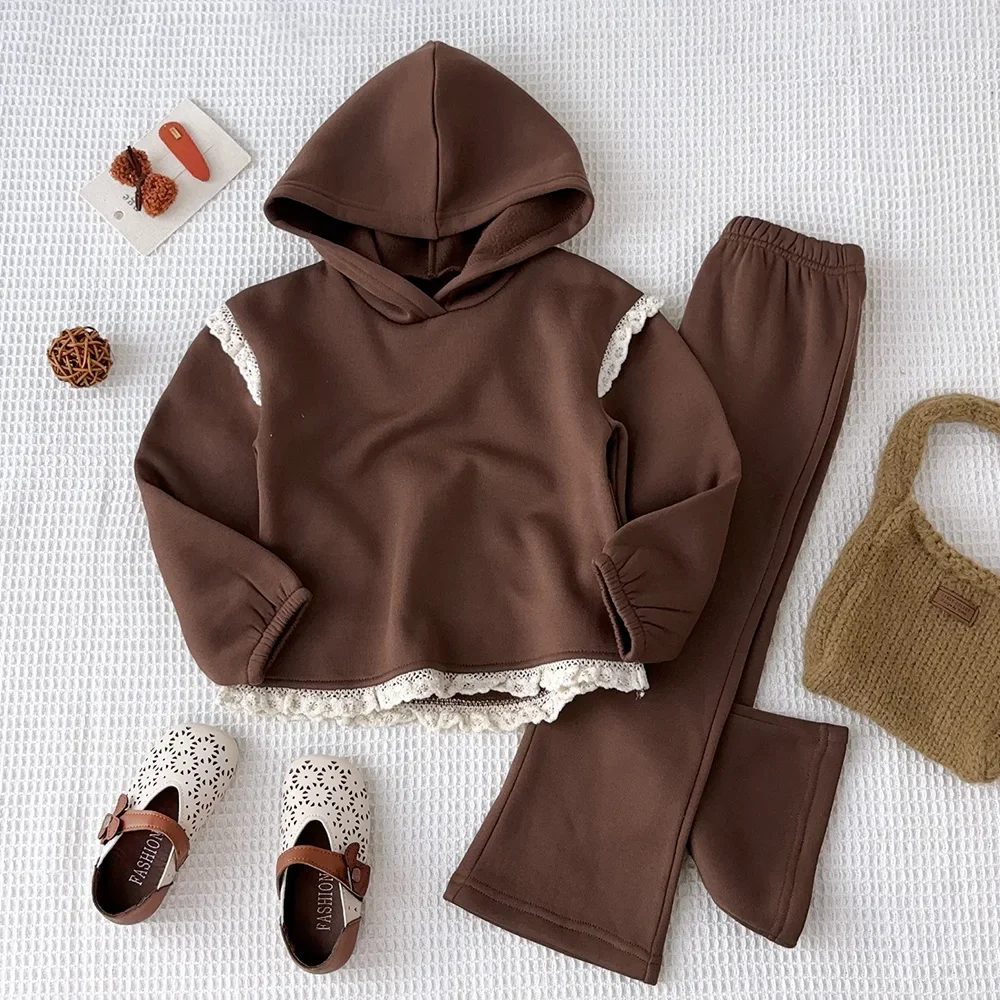 Autumn Girls' Casual Suit Korean Version Long Sleeved Lace Hooded Sweatshirt+pants Two-piece Set Brown Children's Sports Clothes