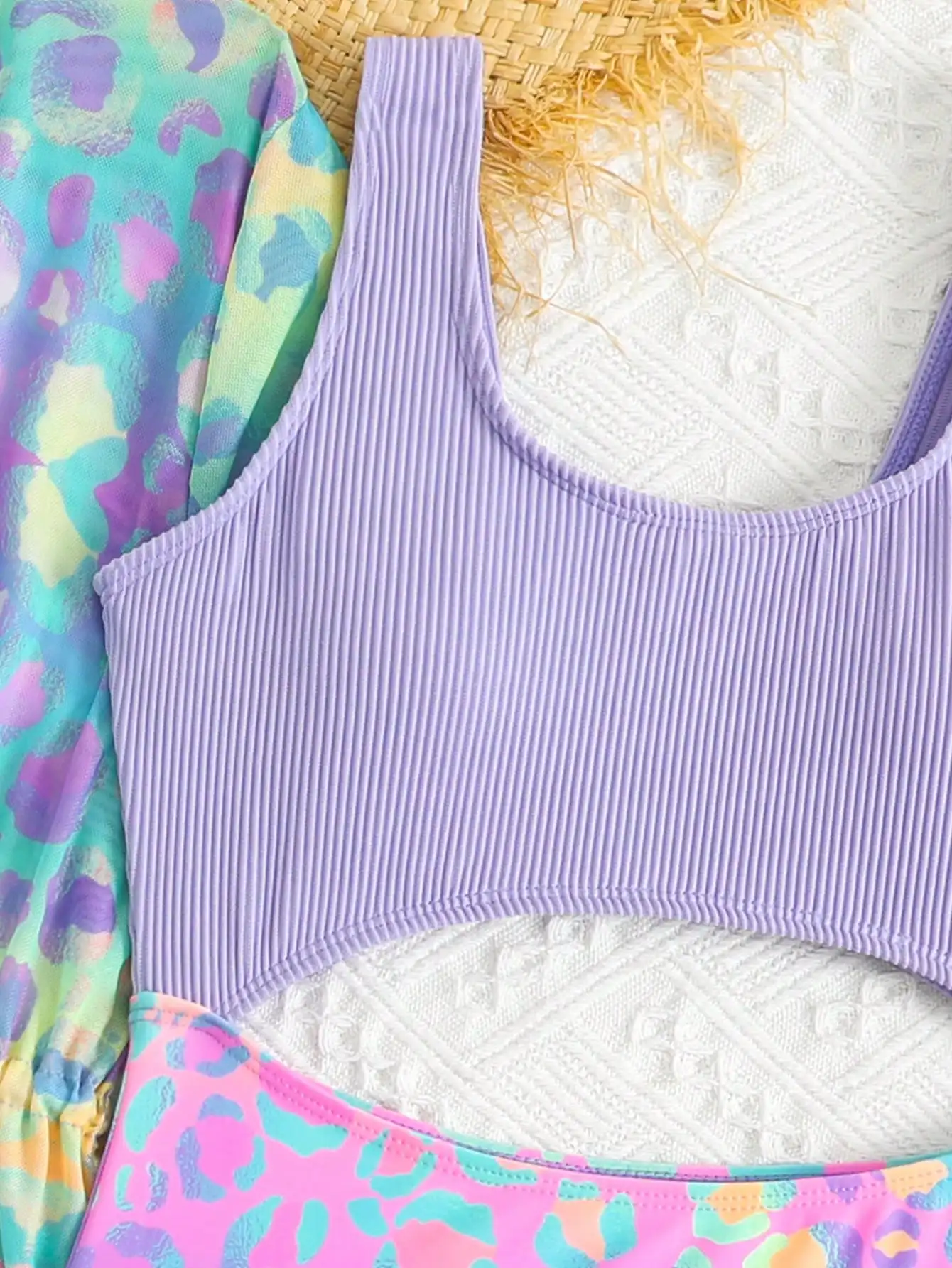 

Leopard Print Hollow Out One-Piece Swimsuit With Beach Kimono Cover-Up