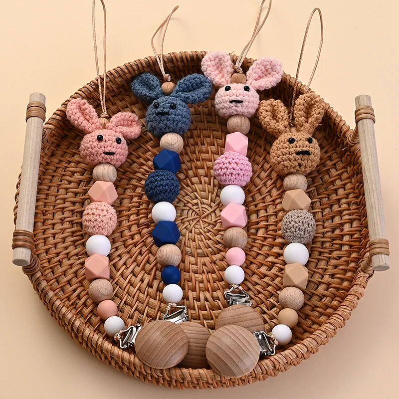 Cute Cartoon Wool Crochet Doll Wood Pacifier Clips Safe Teething Chain Baby Teether Dummy Clips Holder Newborn Gifts 2023 New