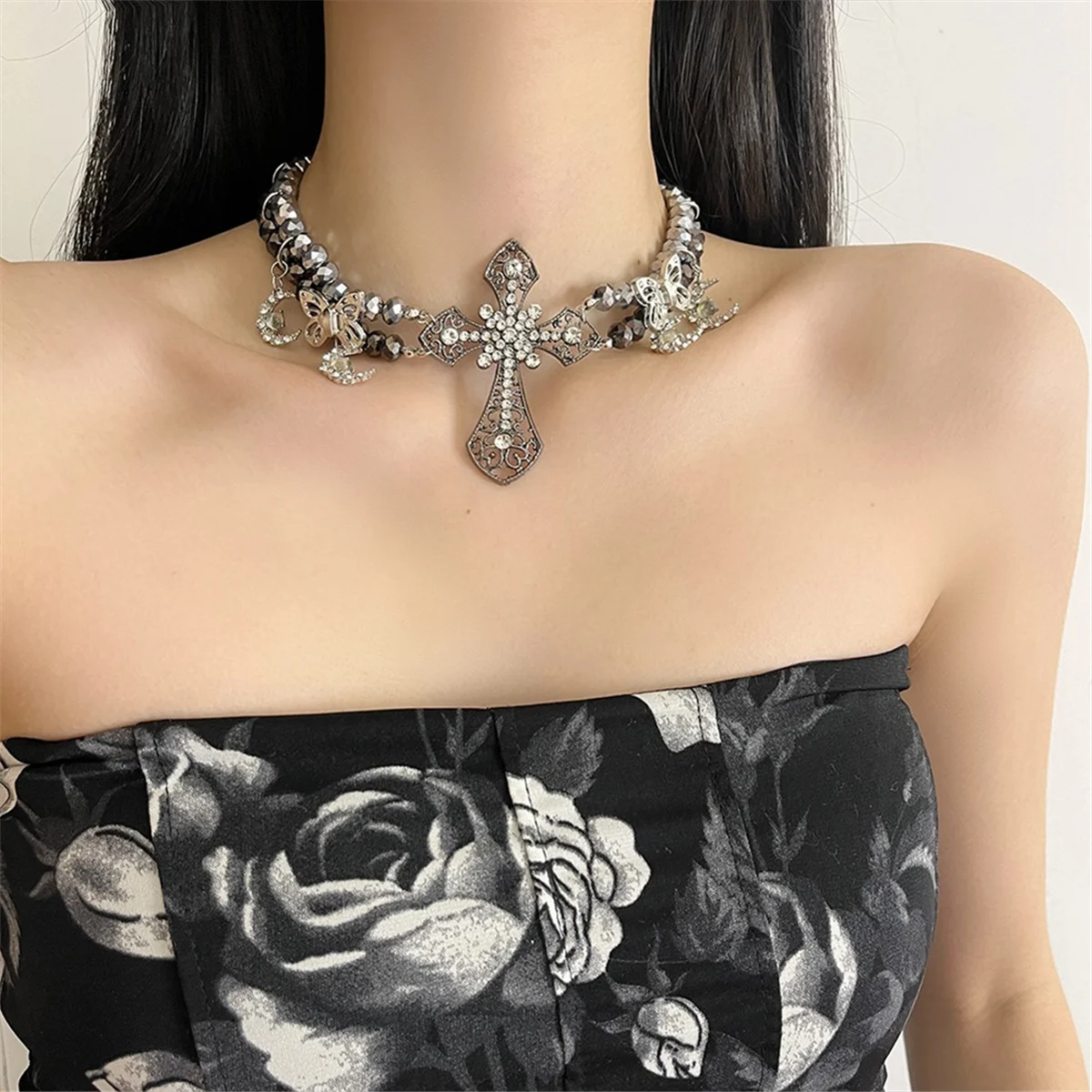 

AT59 Ожерелье в стиле Лолиты в темном панк-готическом стиле - жемчуг с крестом распятия, католический кристалл, уникальные ювелирные изделия с жемчугом, подарки для женщин B