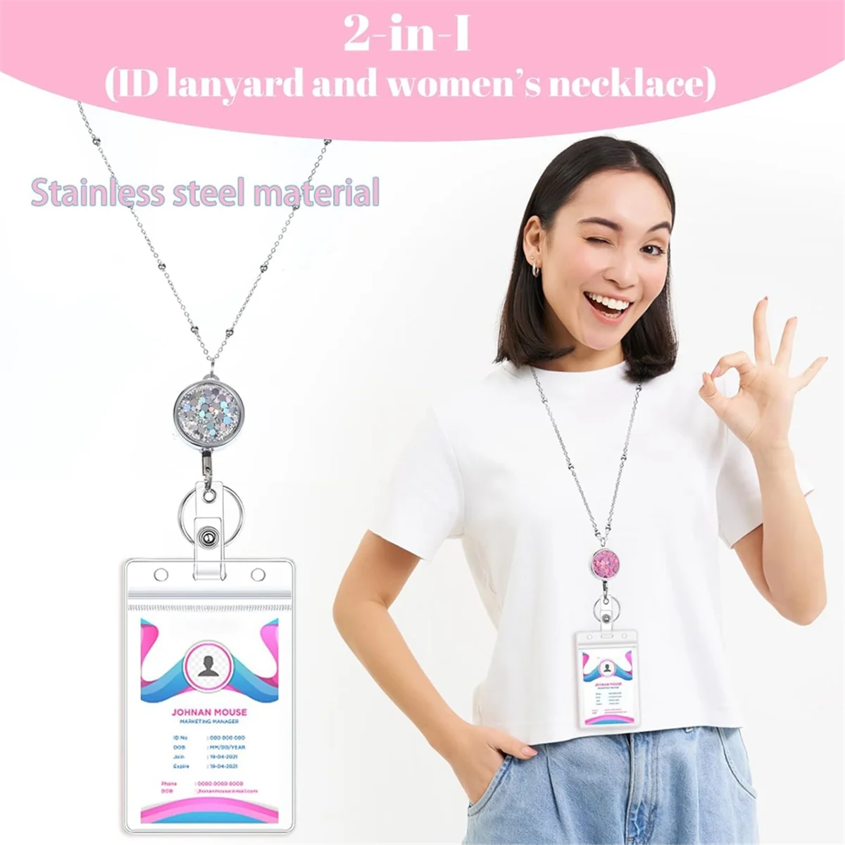 Confezione da 3 cordini da donna per badge identificativi con porta badge identificativo da 6 pezzi per cordini da crociera da donna in acciaio inossidabile Glitter-AB09