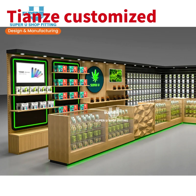 (customized)Retail Showcase Glass Display Custom Wooden Smoke Vitrine Store Design Smoke Shop Counter Showcase