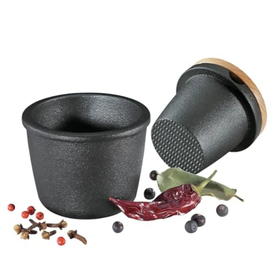 Cast Iron Spice Grinder Set with Beech Wood Lid Spice Mill Herb and Seed Grinder 3 Inch Black