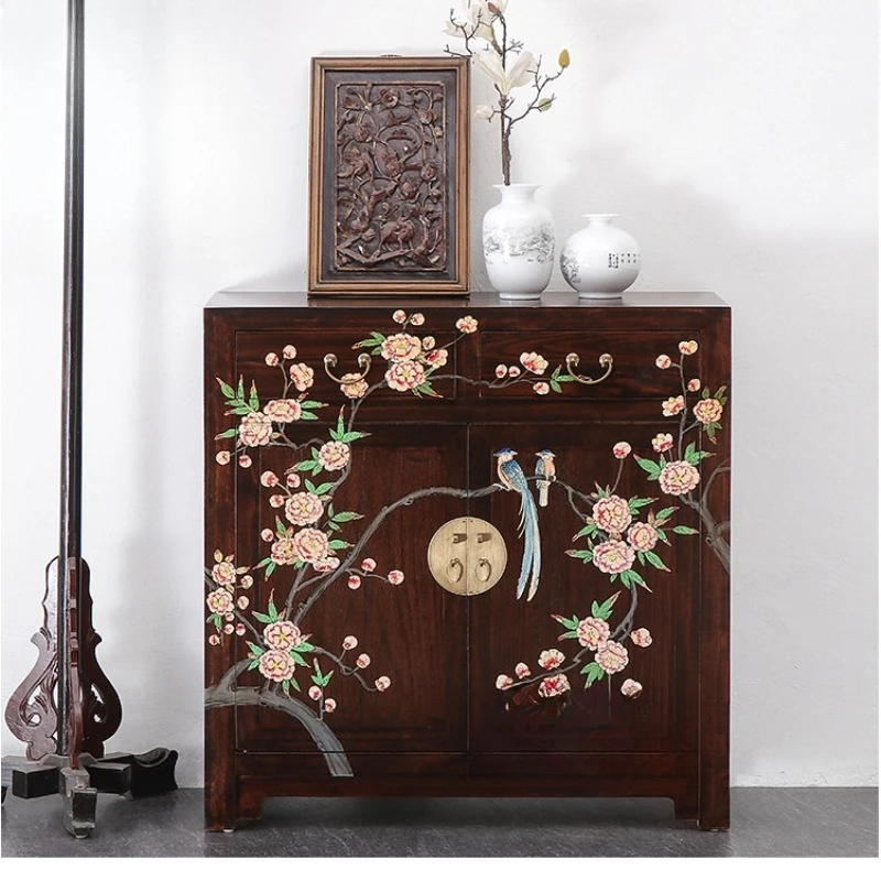 Chinese solid wood foyer shoe cabinet retro simple modern elm hand-painted entrance locker full mortise tenon complete furniture