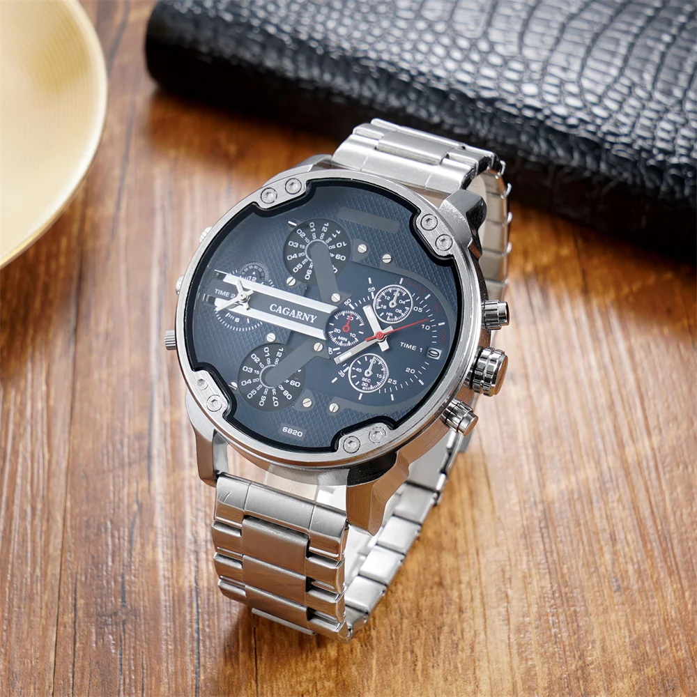 CAGARNY Original Brand Large dial 6820 Quartz Stainless Steel Band dual time zone Date Waterproof Fashion Casual Men Watches