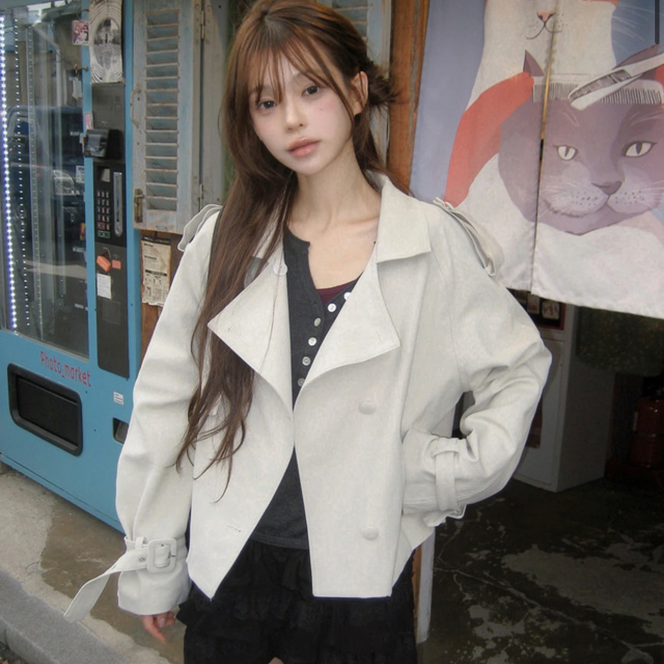 Korean Chic Short Style Women's Windbreaker Double Breasted Loose Fit Stand Collar Coat Early Autumn Fashion Small Size Waist in