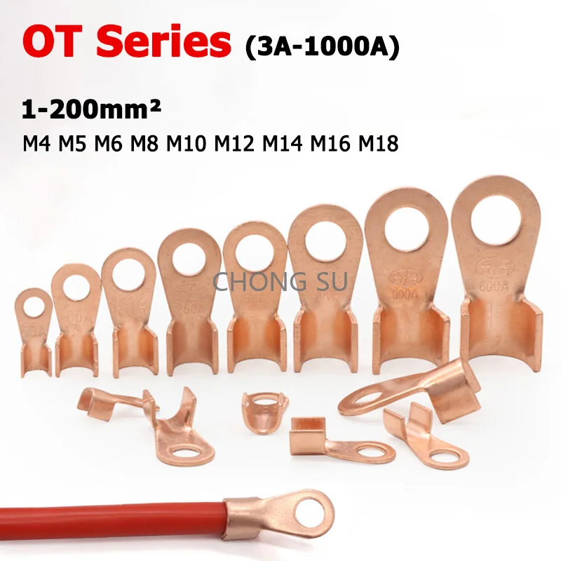

1-100pcs OT-3A 5A 10A 20A 30A 40A 50A 60A~1000A Wire Nose Red Copper Terminals Battery Cable Lug O-Type End Screw Hole M4~M18