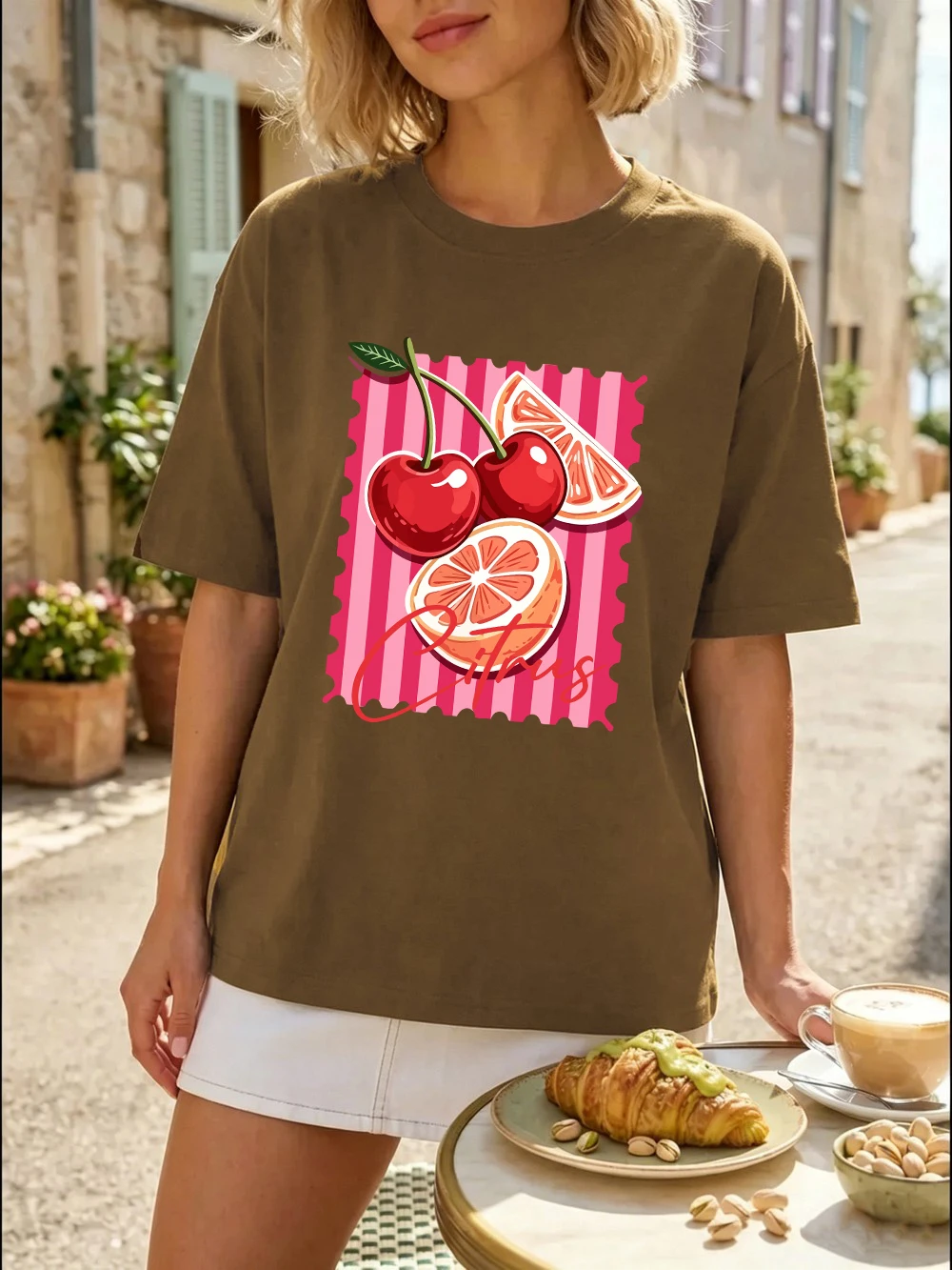 Rote Kirsch-Zitrus-Bedruckte T-Shirts aus Baumwolle für Damen, Sommerliche Oversize-Oberteile, Basic O-Neck Kurzarm-T-Shirts, Lässige Weiche Kleidung – Detail 30