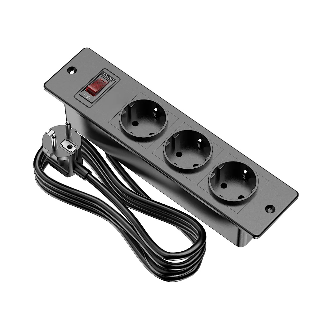 Recessed Power Strip 3 AC Outlets with Switch 1.5M Extension Cord Socket for Home Office Bedroom Kitchen Living Room Hotel
