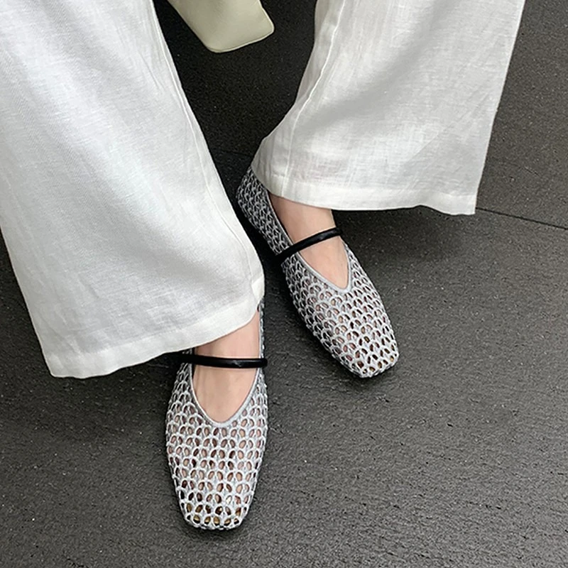 2026 Summer Womens Hollow-out Woven Fishnet Flat Sandals Comfortable Slip-on Lightweight Sandals New Fashionable Mary Jane Shoes