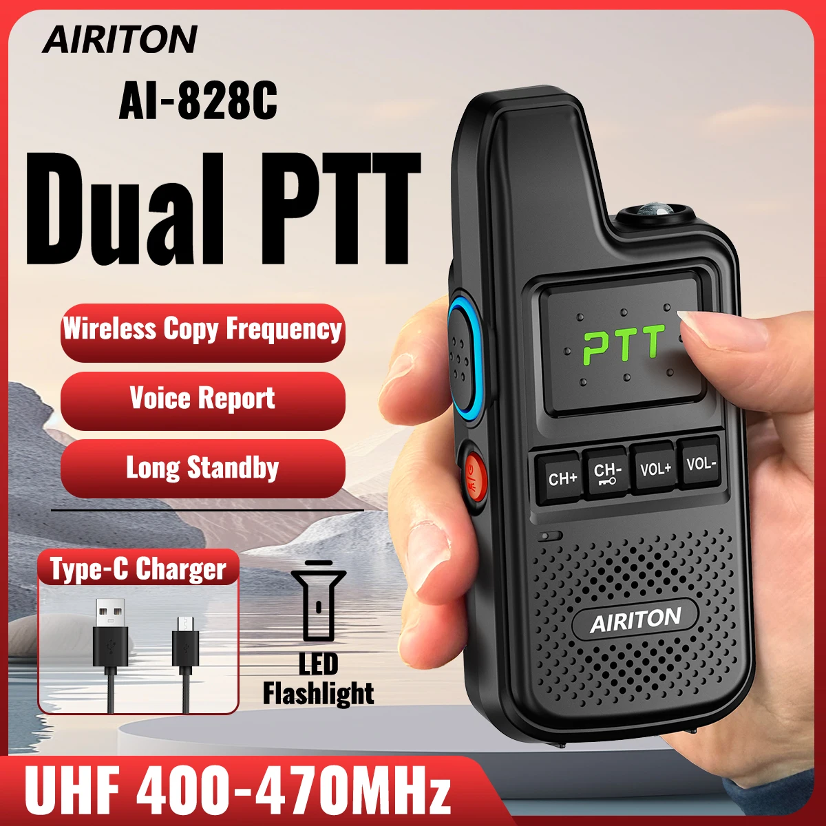 

AIRITON AI-828C Dual PTT Walkie Talkie Беспроводная копия Frenquency Long Range UHF VOX Сильный фонарик Type-C Charge Ham Radio