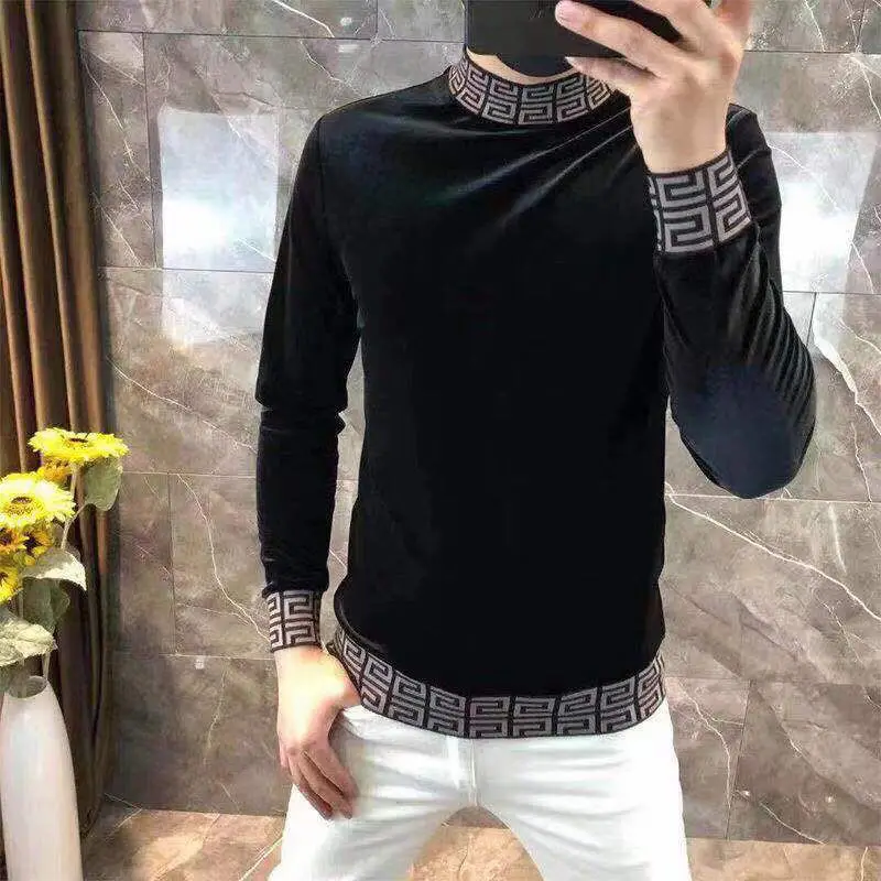 Men's clothing autumn and winter high quality half high collar velvet long sleeve t-shirt sweater fleece-lined warm y2k clothes