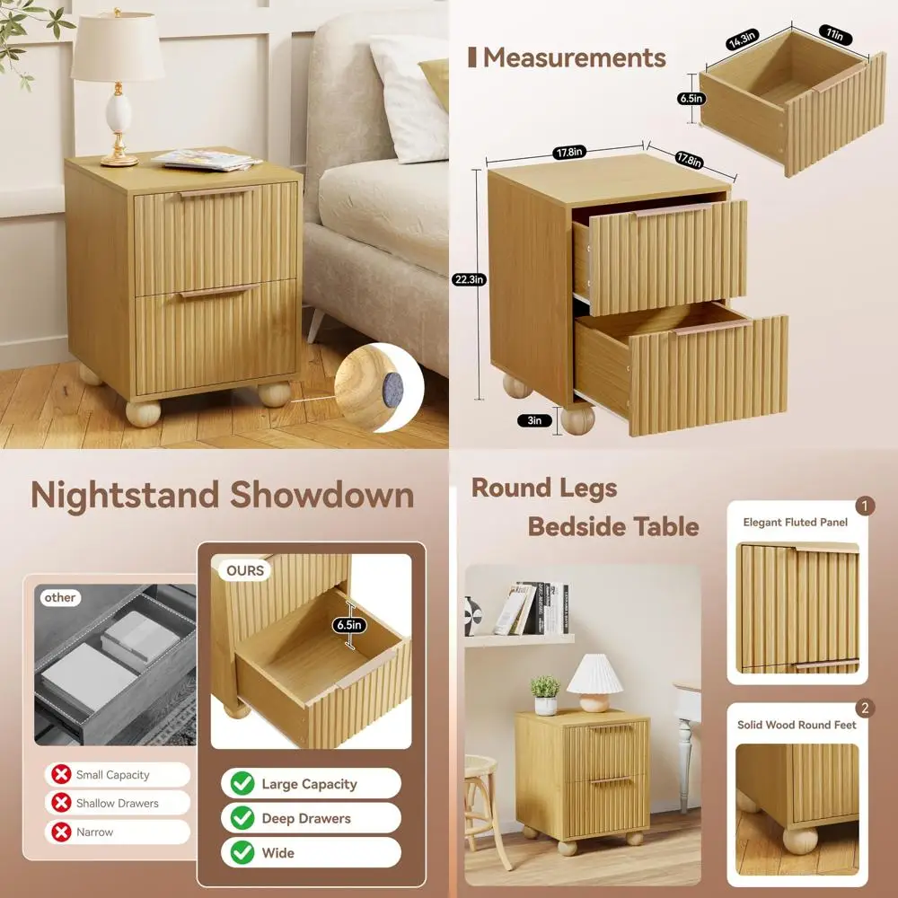 

Solid Wood Spacious Drawer Nightstand in Natural Oak Finish with Round Legs for Bedroom Storage