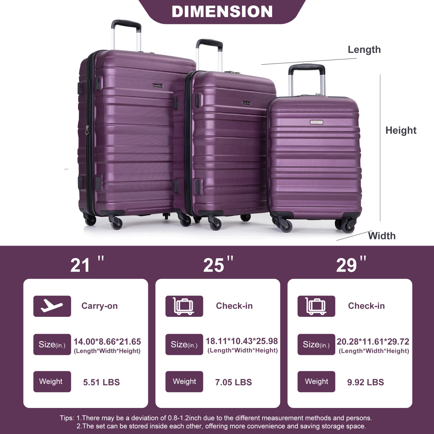 

Expandable 3 Piece Luggage Sets PC Lightweight & Durable Suitcase with Two Hooks, Spinner Wheels, TSA Lock, (21/25/29) Dark Purp