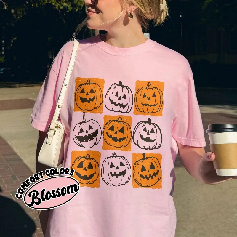 Autumn New Base Shirt Unisex T-shirt Checkered Pumpkin Tee, Lantern Tshirt, Retro Spooky Season Fall Gift