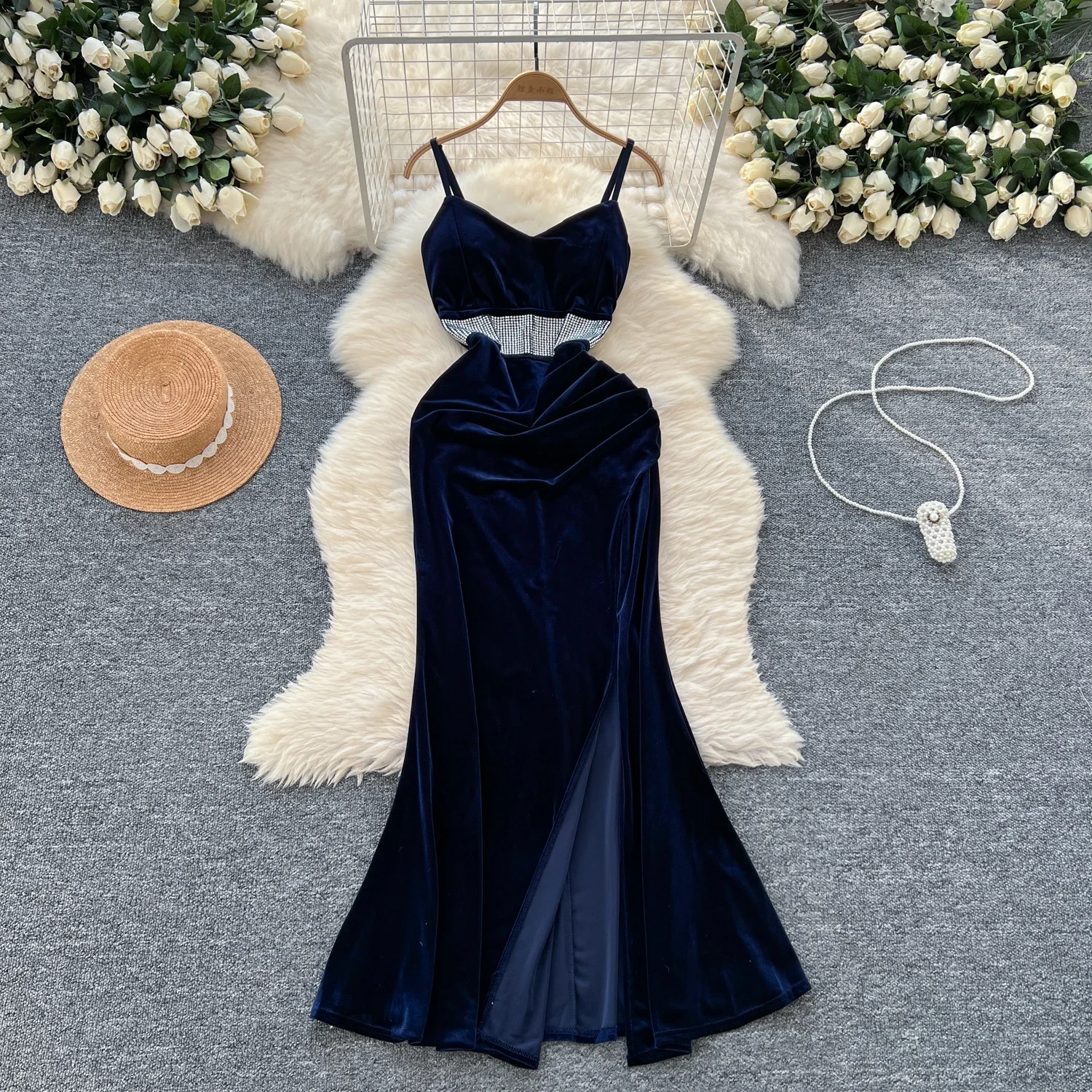 Elegant Rhinestone Vintage Sleeveless Chic Split Slim Velvet Straps Dresses French Fashion Evening High Street Summer Clothing