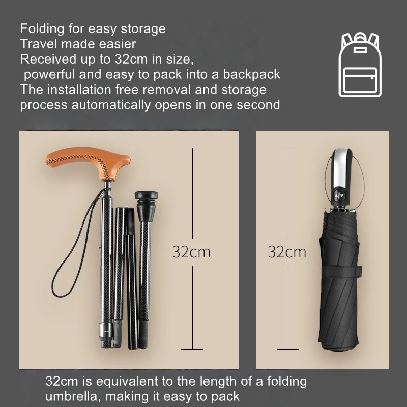 G2 ultra light carbon fiber elderly walking cane folding hiking and mountaineering cane leather anti slip and anti fall cane