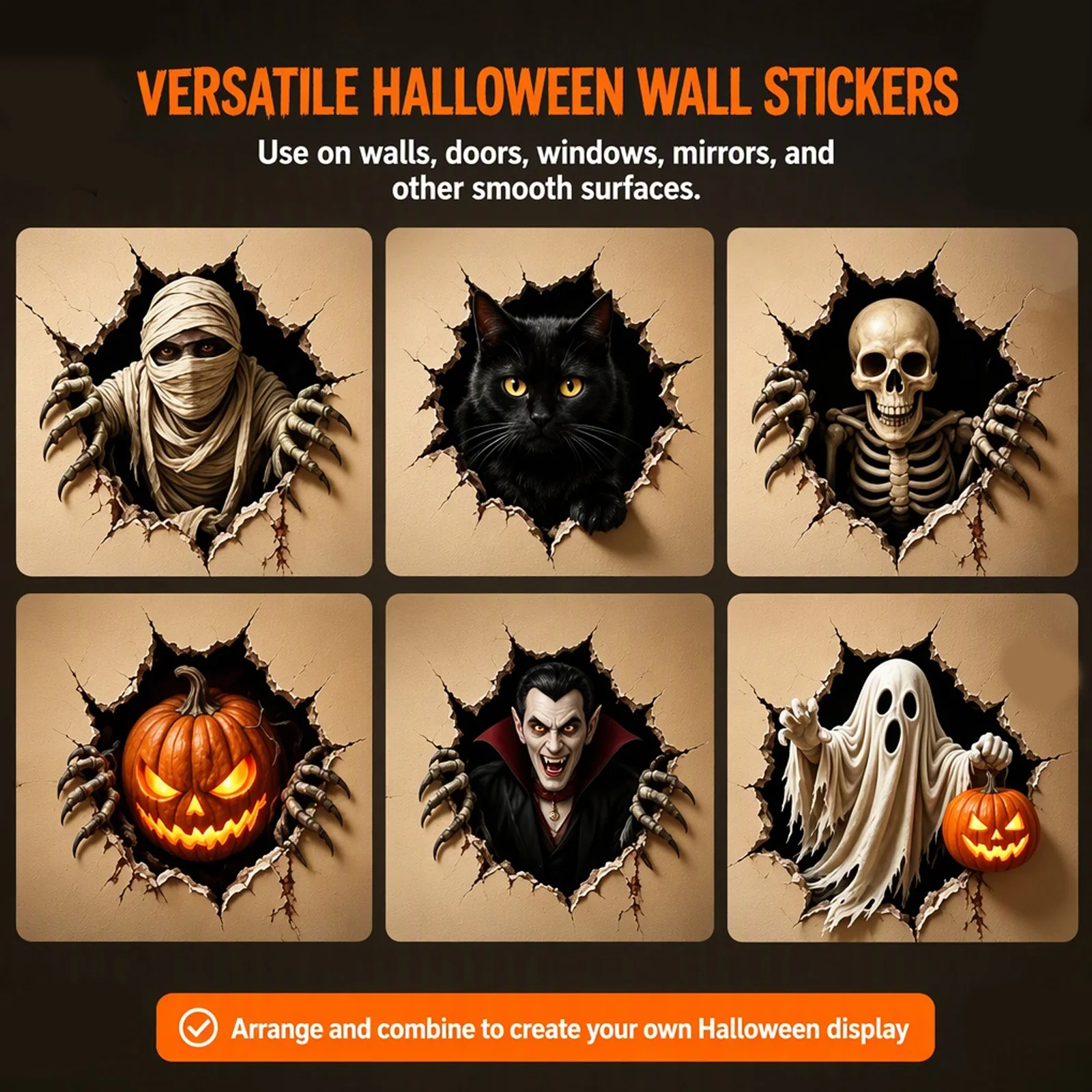 Mummy 3D Wall Decal Halloween Cracked Effect Sticker Haunted House Indoor Decoration