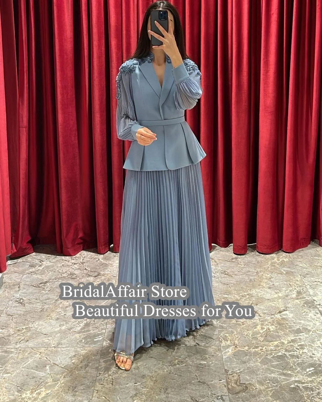 BridalAffair Formal Occasion Women Wear V Neck Evening Dresses Long Sleeves Prom Dress Beaded Peplum Pleated Special Party Gowns