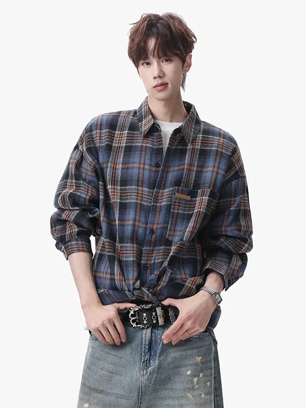 

Retro American Sle Men's Long Sve irt Loose Fit Large Size Brued Plaid Spring Faion Casual Wear Polyester Fabric