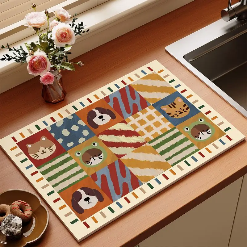 Retro Checkered Cat Dog Animal Kitchen Drainage Mat, Anti Slip Coffee Machine Tableware, Kitchen Countertop Protection Mat