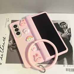 For Samsung Galaxy Z Fold 7 6 5 4 3 5G Fashion Cartoon Rabbit Rainbow Portable Bangle Big Hang Ring Hinge Pink Matte Case Cover