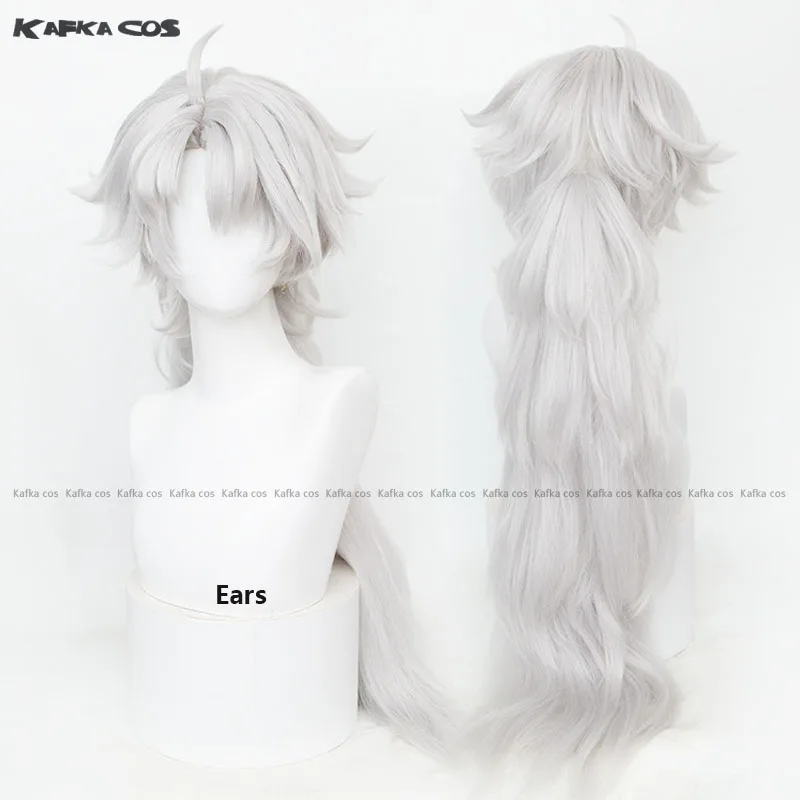 Game Wuthering Waves Lingyang Cosplay Wig 90cm Silver White Long Hair Ears Liondance Troupe Glacio Natural Resonator Halloween