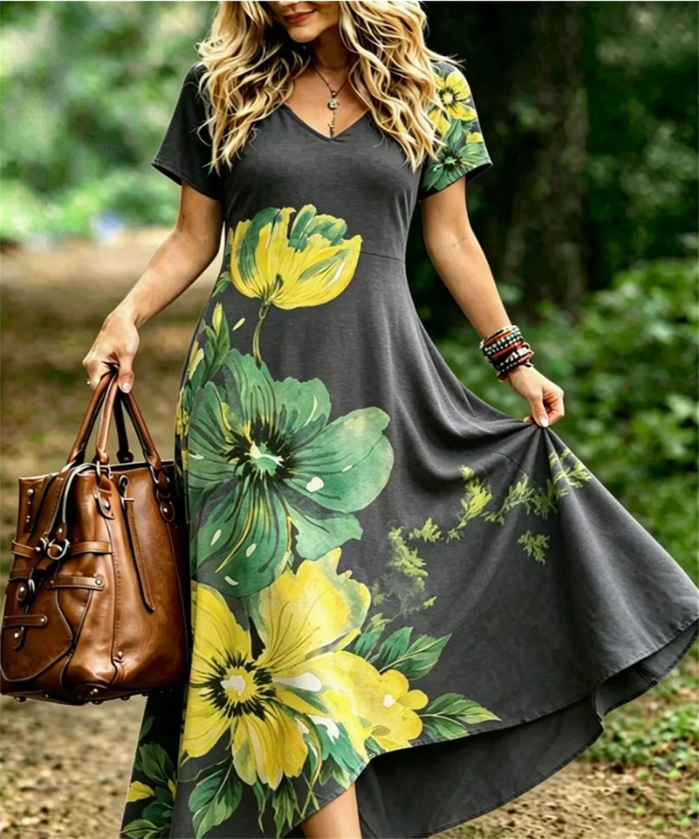 Women's new summer solid color oil painting flower print dress, women's V-neck short sleeved elegant casual long dress