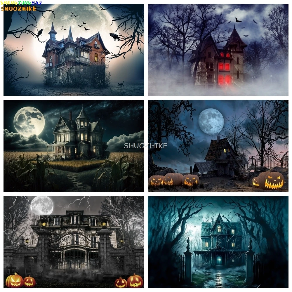 Halloween Horror Schloss Hintergrund Vollmond Nacht Gruseliger Kürbis Wald Alter Baum Friedhof Halloween Party Fotografie Hintergrund