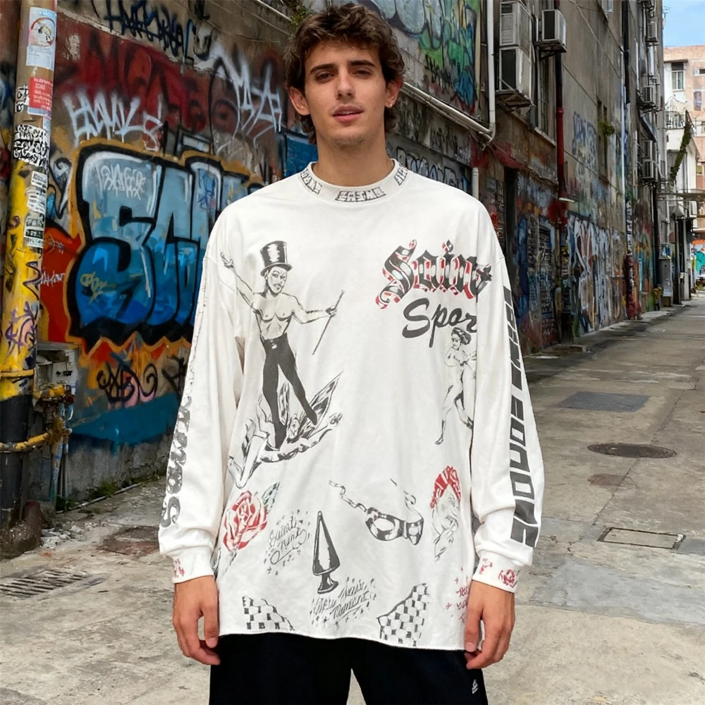 

KUCLUT модная 1:1, винтажная одежда в японском стиле, футболка с длинными рукавами и отверстиями, повседневные свободные топы большого размера, футболка из 100% хлопка для мужчин