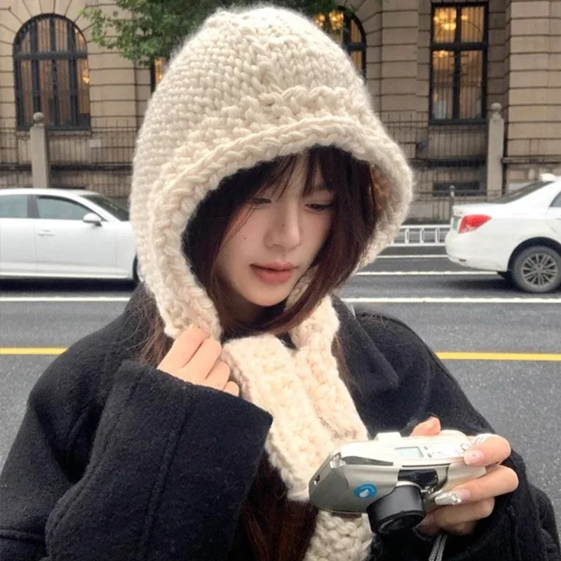 Winter hat Cute beanie Women\'s Knitted Hood Scarf Warm Ear Protection Cold Windproof Cap Winter Fashion Woolen Pullover Hat