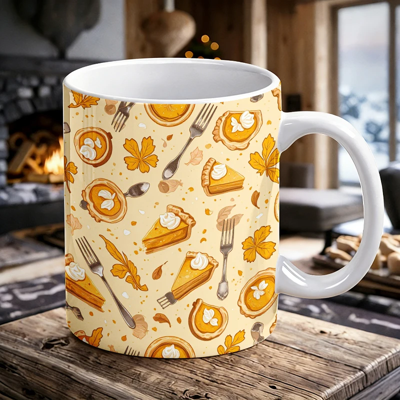 

Artistic Hand-Painted Pumpkin Pie Coffee Mug,Tableware &Maple leaf Novelty Tea Cup All-Over Print Baking Theme Ceramic Water Cup