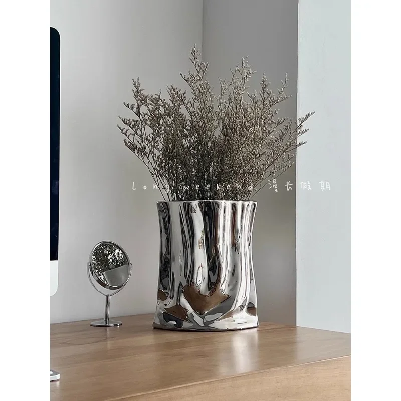 Long holiday silver pleated large diameter ceramic vase porch study desktop decoration retro flower arranging device