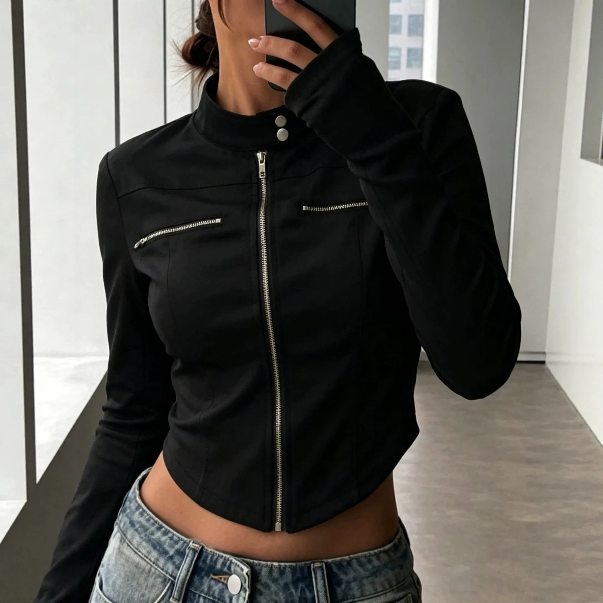 Women's New Solid Stand Collar Zip Up Long Sleeve Cropped Jacket Slim Comfortable Versatile Commute Daily Outfit Outerwear Coat