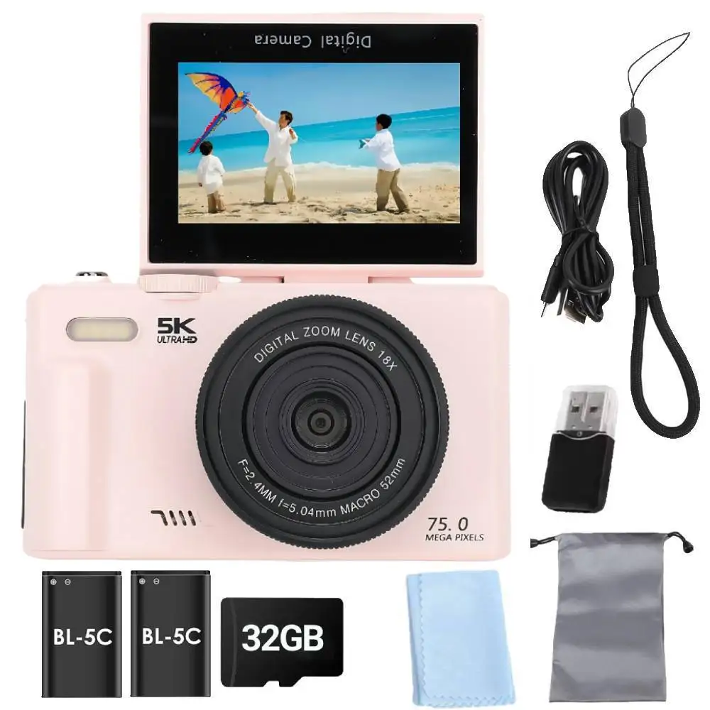 75 MP digitale camera voor fotografie 5K 18X digitale zoom Vintage Vlog videorecorder voor YouTube 180 °   Flip Screen Selfile WiFi