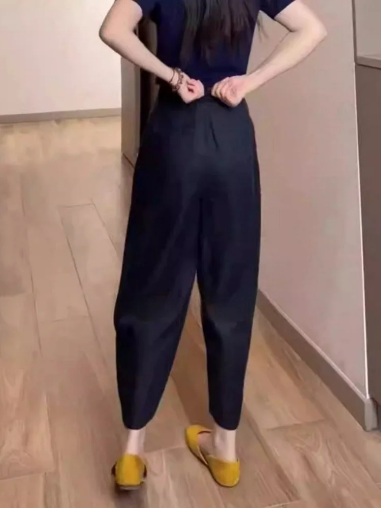 White Linen Casual Pants Women's Summer Thin Large Size Pear Shape Loose Slimming Nine Points Balloon Pants Commute Style