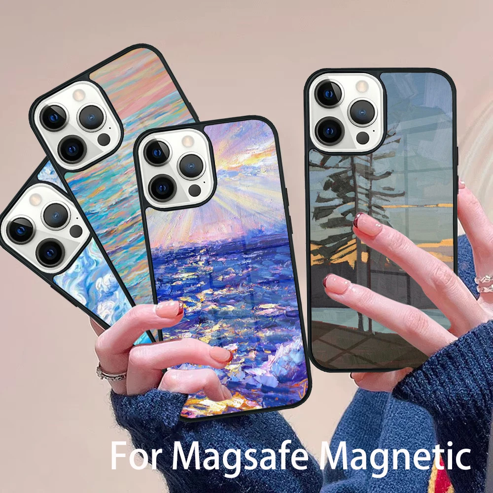 

Creative oil painting Phone Case Magesafe Magnetic Wireless Charge Cover For IPhone 16 11 12 13 14 15 Pro Max Plus Mini