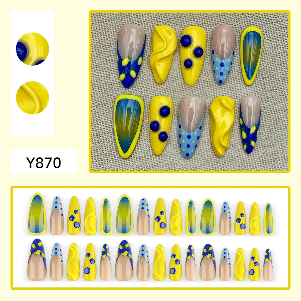 30pcs Yellow Blue Contrast Press On Nails Wavy Texture Lemon Polka Dot Fake Nail Long Almond Full Cover Nail Tips for Women