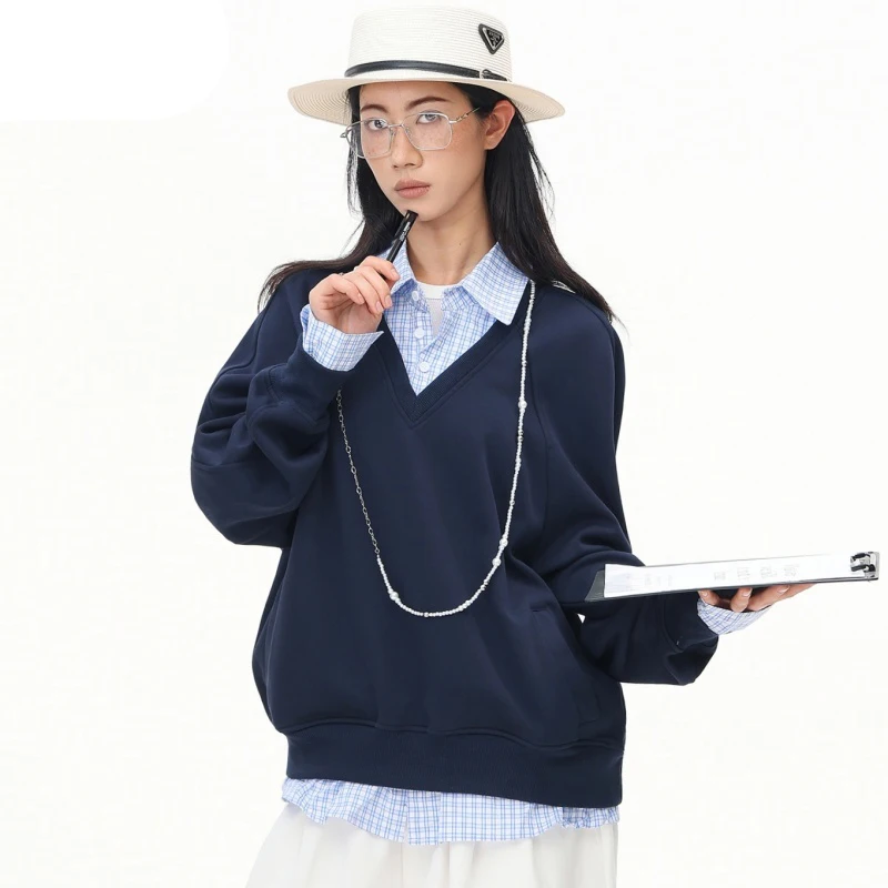 Women's Sweatshirt Navy Blue Layered Look Turndown Collar Patchwork Y2k Longsleeve Sweatshirts Casual Fashion Women's Clothing