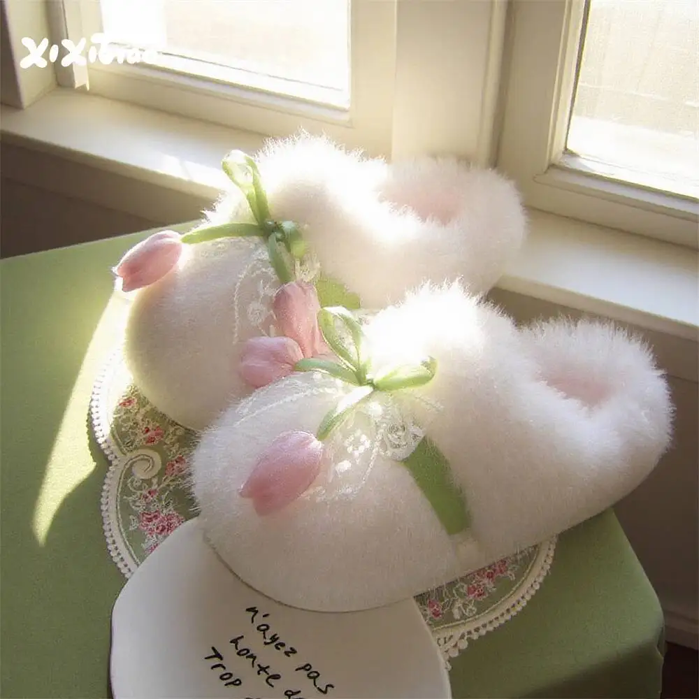 

Winter Women's Ins Fairy Style Slippers French Tulip Lace Furry Design Comfortable Warm Indoor Cotton Home Shoes