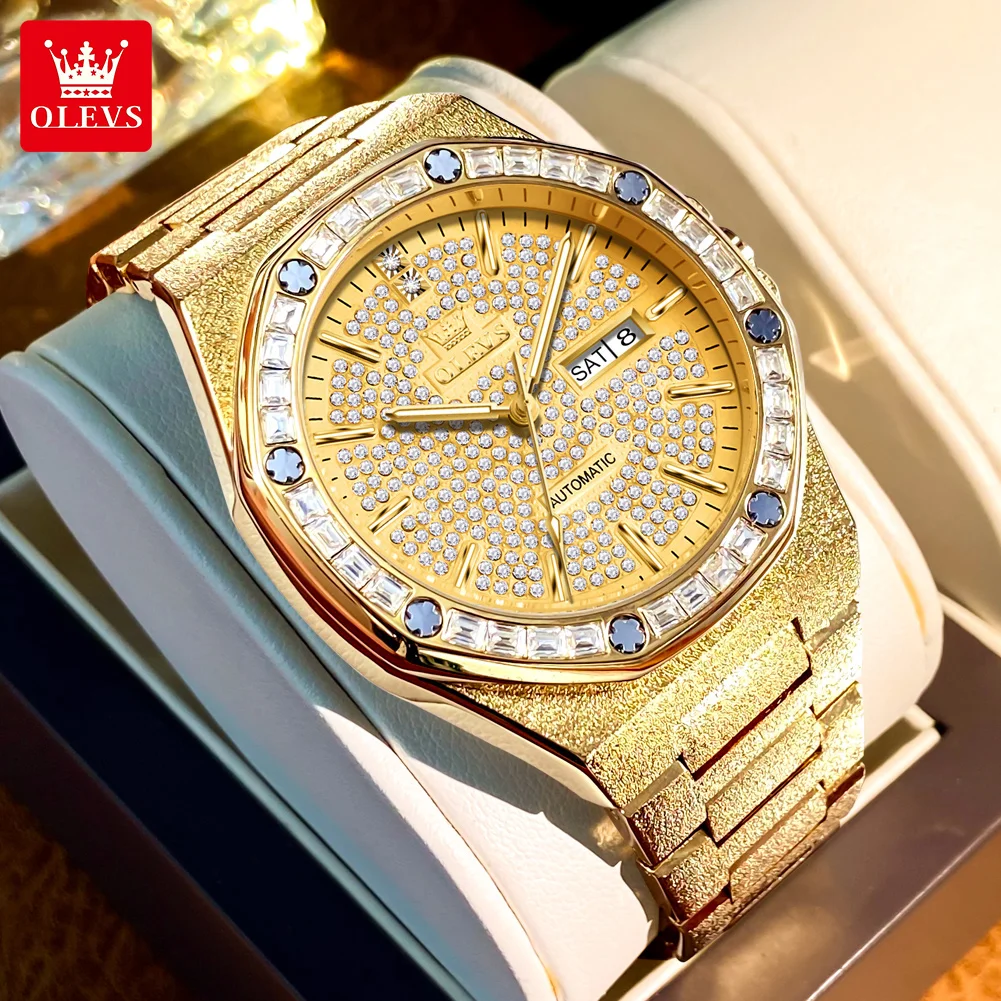 OLEVS Men's Watches Top Brand Luxury Fashion Full Diamond Dial Original Automatic Mechanical Wristwatch Texture Solid Strap Date