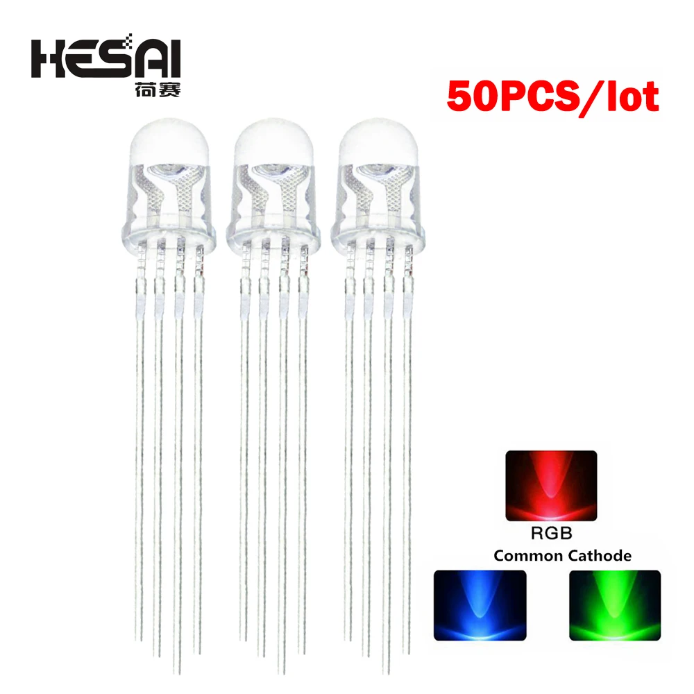 50PCS/lot 5mm RGB LED Common Cathode 4Pin Red Green Blue LED Round Tricolor LED Light Emitting Diode Transparent Lamp