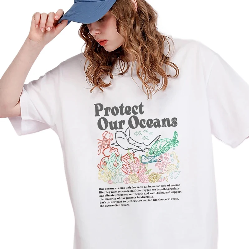 

Protecting Our Oceans - Our Future Print T-Shirts Women Breathable O-Neck Tshirt Cotton Soft Short Sleeve Street Casual Tshirts