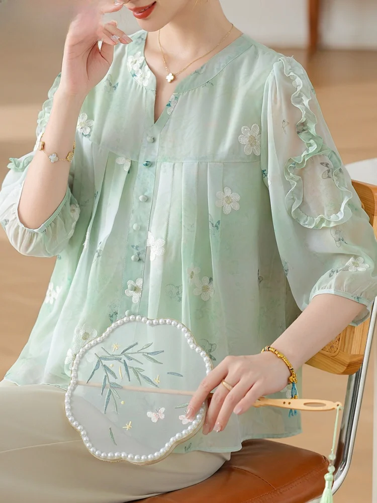 fashionable-chiffon-two-piece-set-for-middle-aged-mothers-spring-summer-style-loose-fit-round-neck-short-sleeve-polyester-fiber
