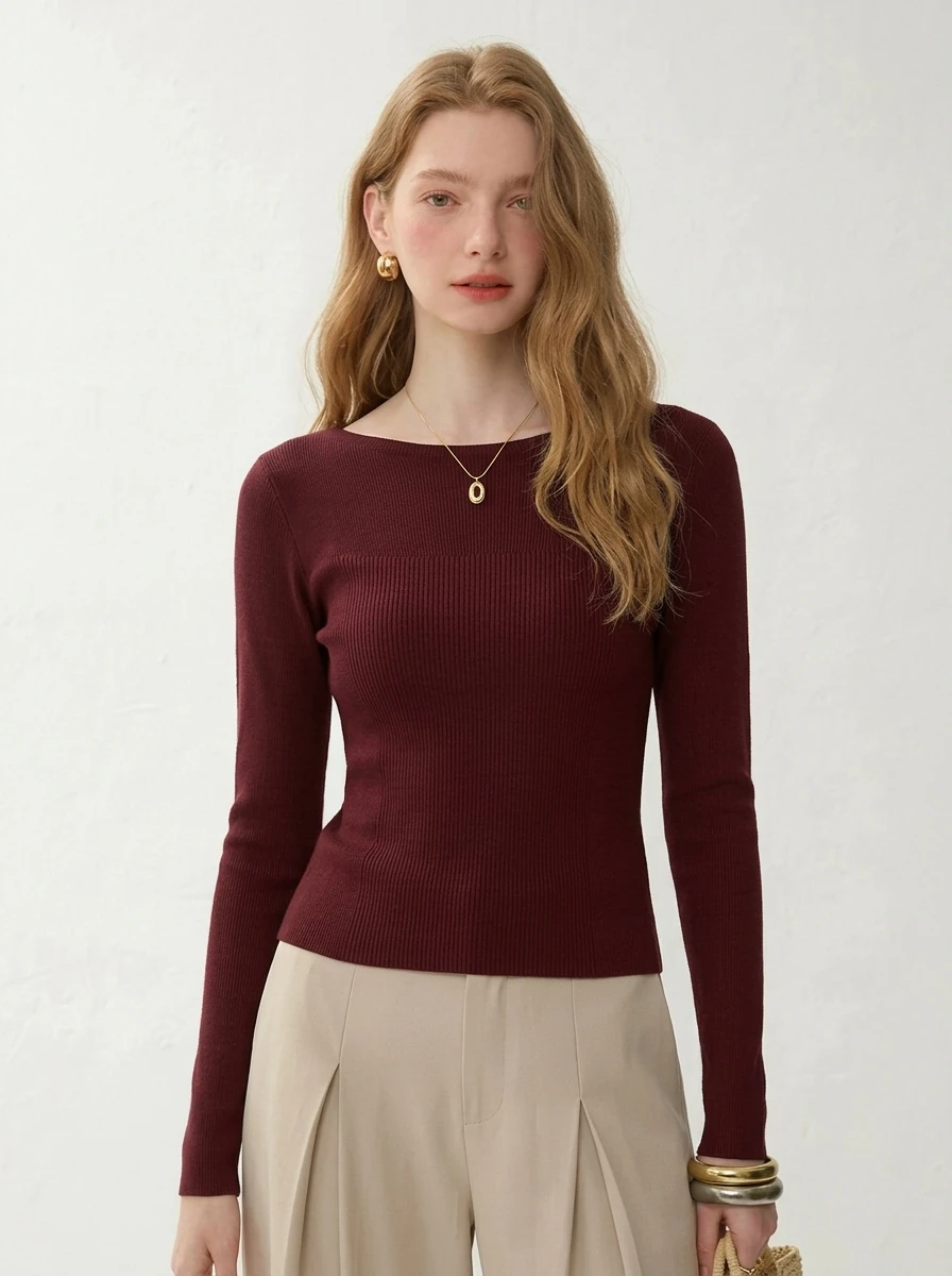 Elegant Slim Fit Knitted Sweater Women's Base Layer Top in Burgundy One Shoulder Design Autumn Winter New Style Commute Style